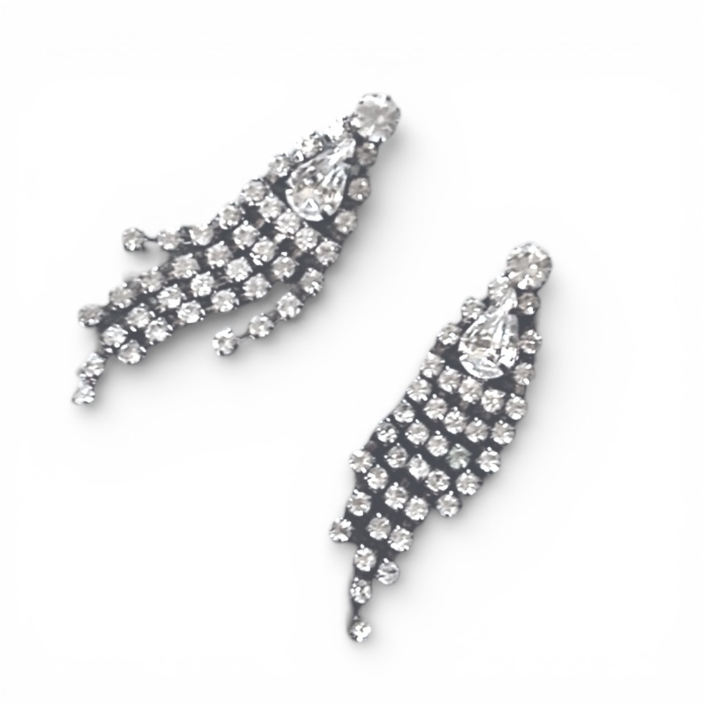 Vintage MCM Crystal Chandelier Drop Earrings Cascading Rhinestones Glam Pierced